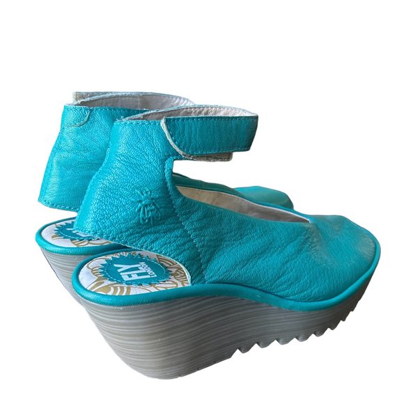 Fly London Yala Turquoise Leather Wedge w/Ankle Strap - Picture 7 of 9